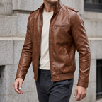 Men's brown slim faux leather bomber jacket, three-quarter lifestyle view
