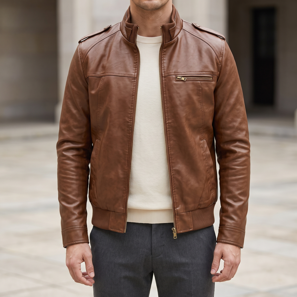 Men's brown slim faux leather bomber jacket, street lifestyle view