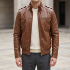 Men's brown slim faux leather bomber jacket, street lifestyle view