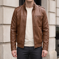 Men's brown slim faux leather bomber jacket, front lifestyle view