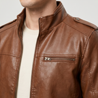 Men's brown slim faux leather bomber jacket, stand collar detail