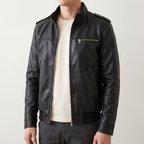 Men's black slim faux leather bomber jacket, studio front view