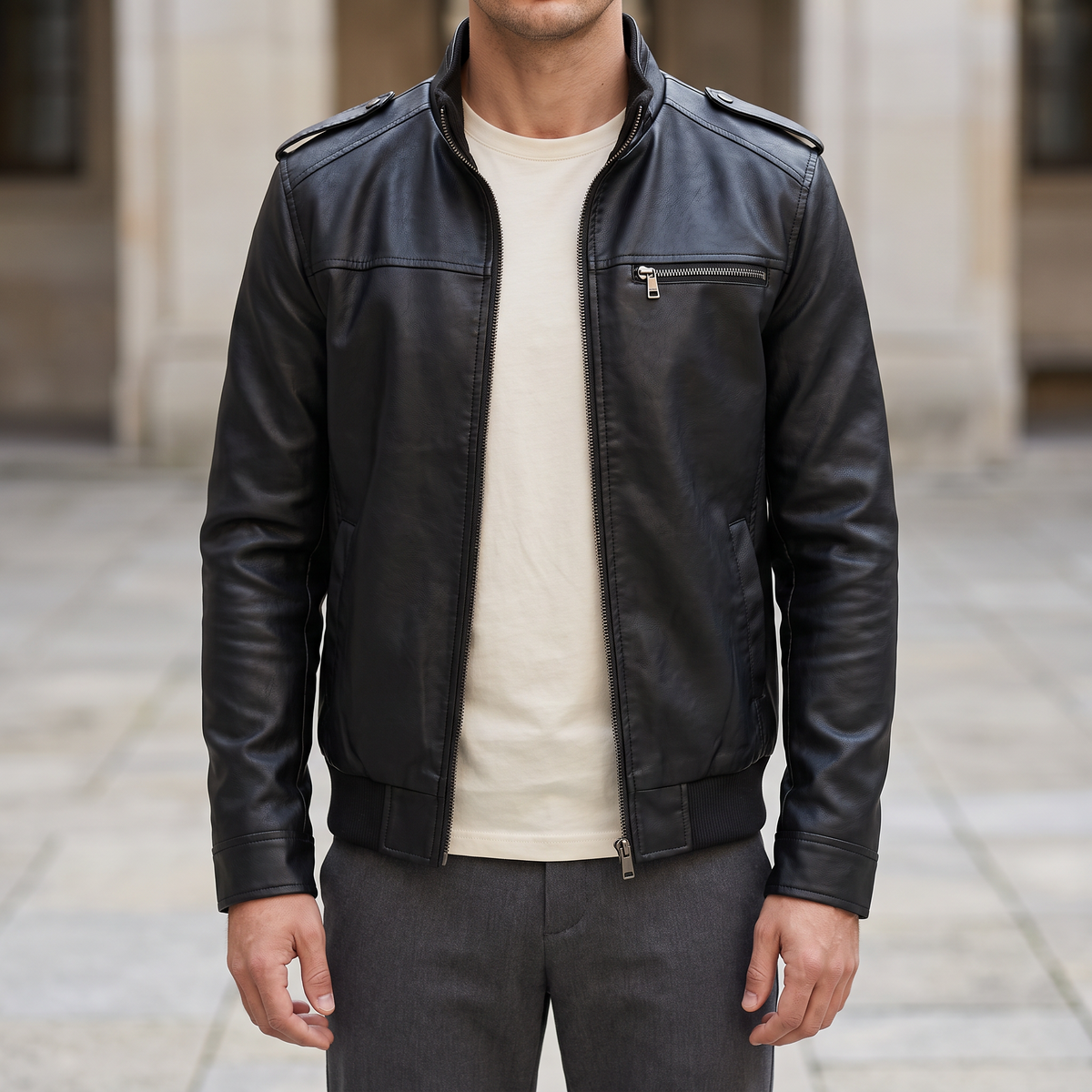 Men's black slim faux leather bomber jacket, street lifestyle view