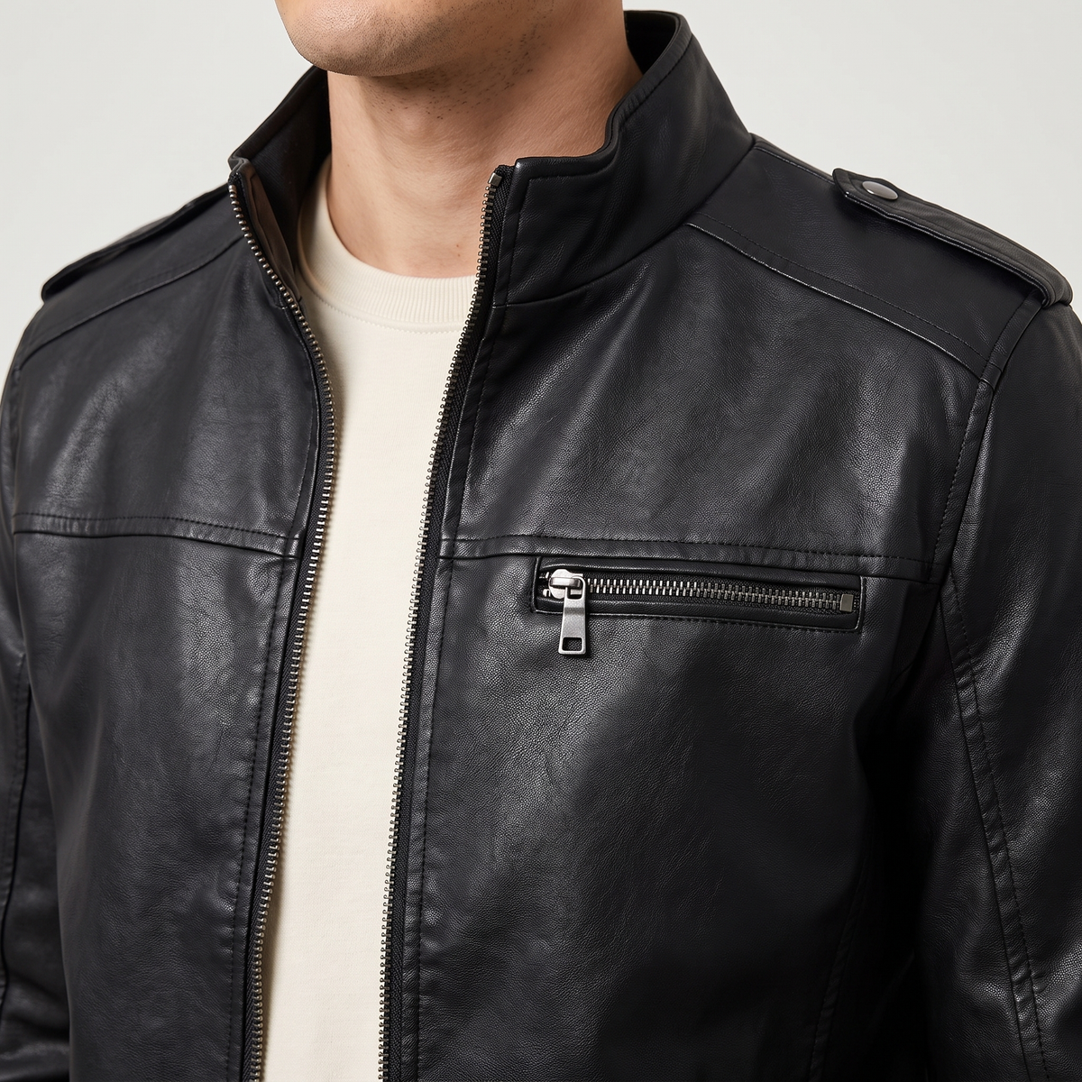 Men's black slim faux leather bomber jacket, stand collar detail