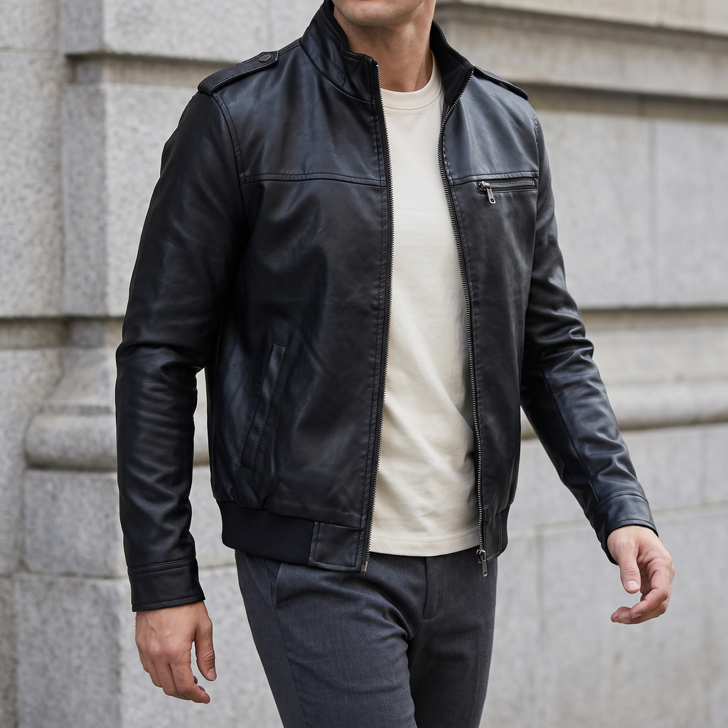 Men's black slim faux leather bomber jacket, three-quarter lifestyle view