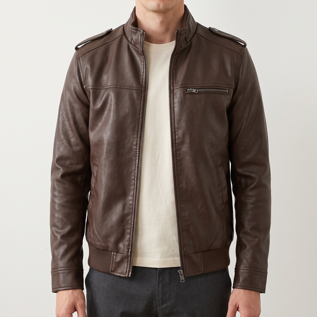 Men's dark brown slim faux leather bomber jacket, studio front view