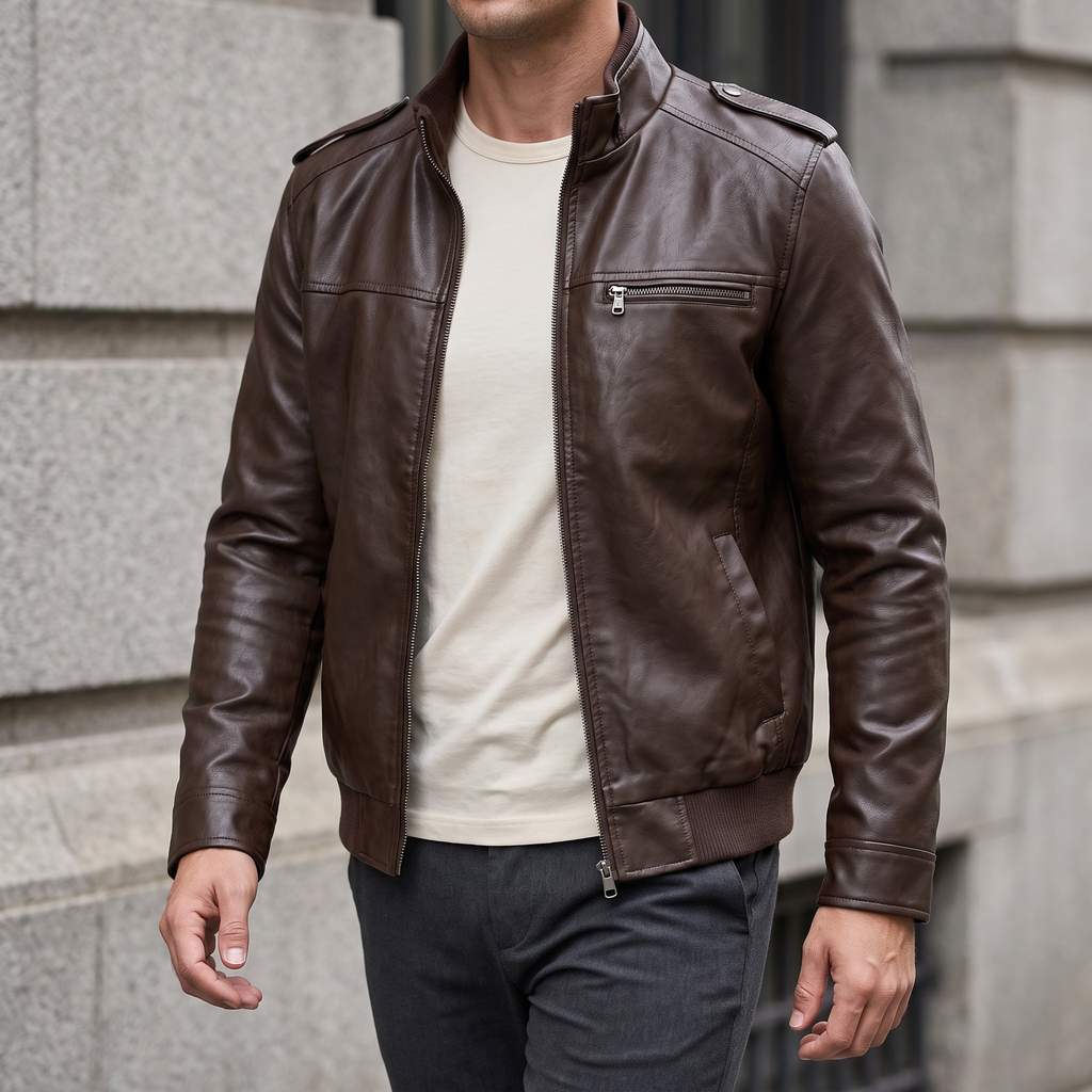 Men's dark brown slim faux leather bomber jacket, three-quarter lifestyle view