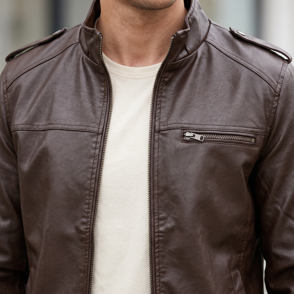 Men's dark brown slim faux leather bomber jacket, stand collar detail