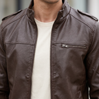 Men's dark brown slim faux leather bomber jacket, stand collar detail