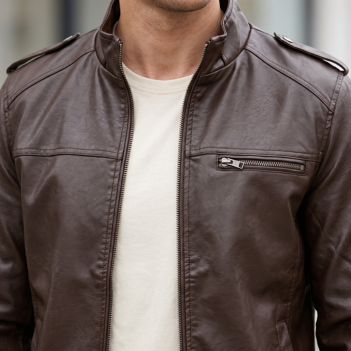 Men's dark brown slim faux leather bomber jacket, stand collar detail