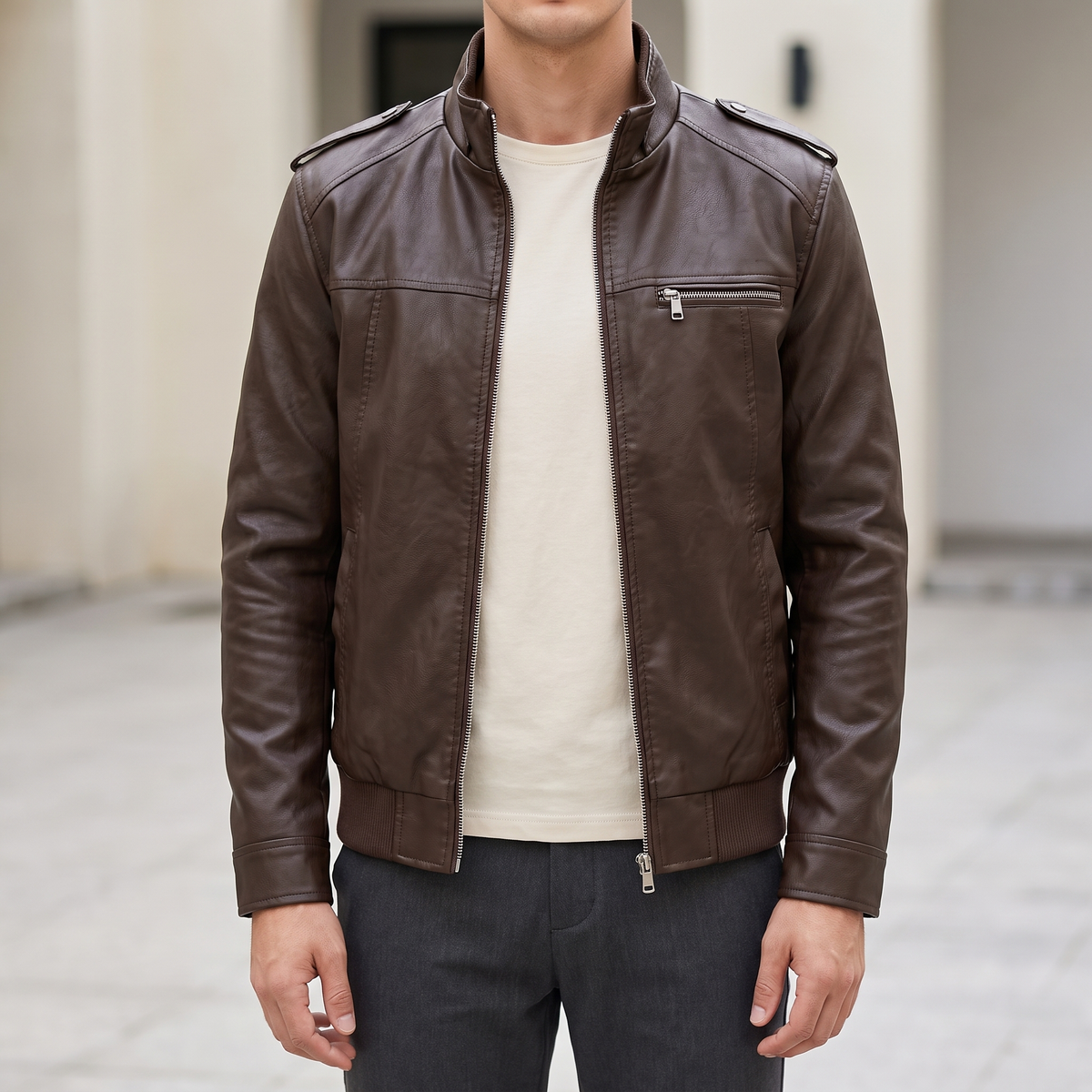 Men's dark brown slim faux leather bomber jacket, street lifestyle view