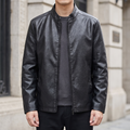 Men's black sheepskin stand collar jacket, front lifestyle view