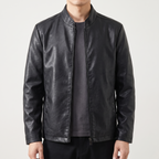 Men's black sheepskin stand collar jacket, studio front view