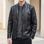 Men's black sheepskin stand collar jacket, street lifestyle view