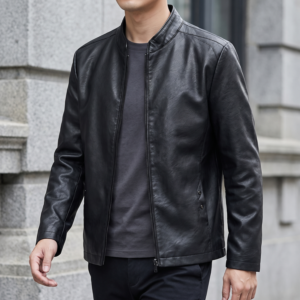 Men's black sheepskin stand collar jacket, three-quarter lifestyle view