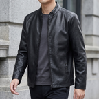 Men's black sheepskin stand collar jacket, three-quarter lifestyle view