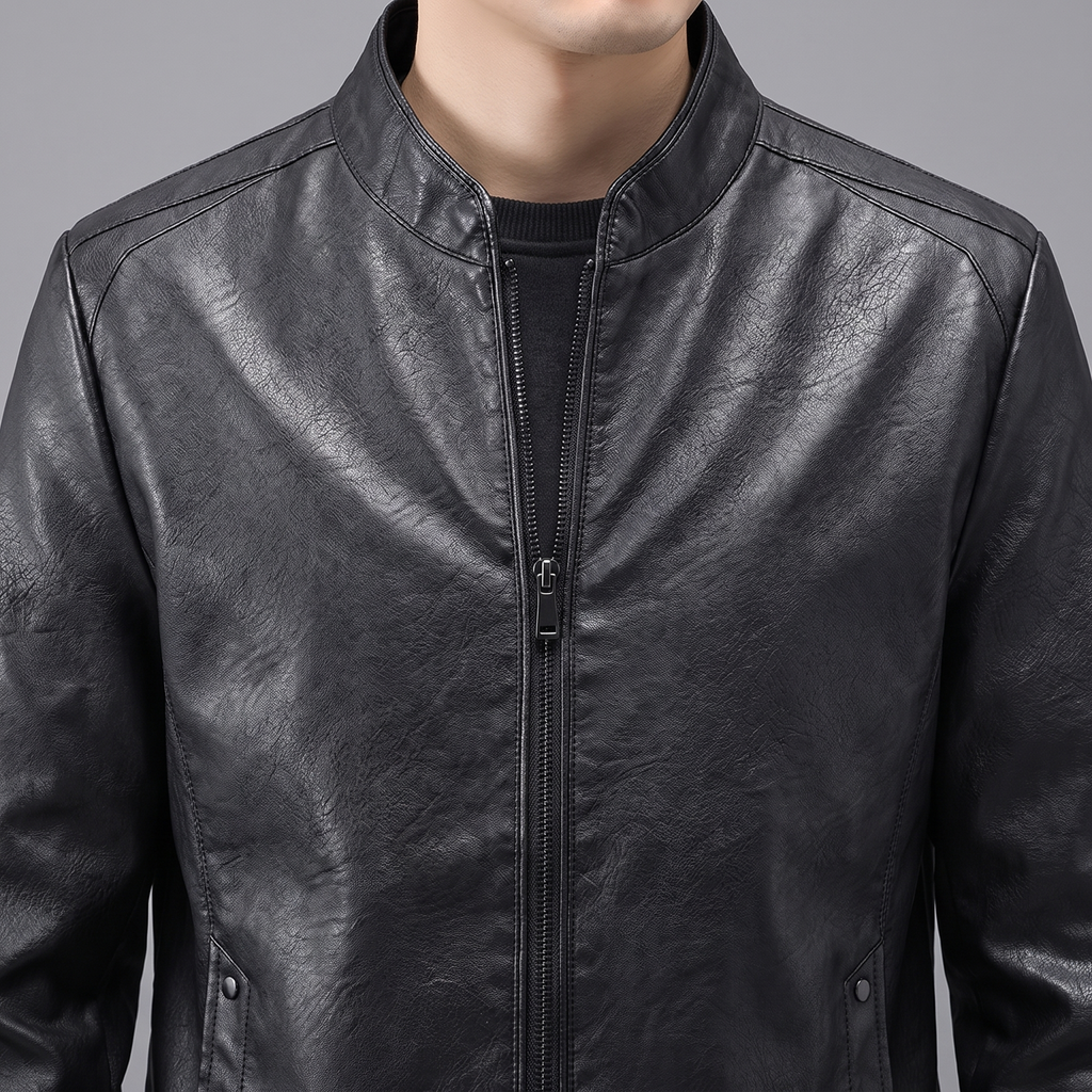 Men's black sheepskin stand collar jacket, stand collar detail