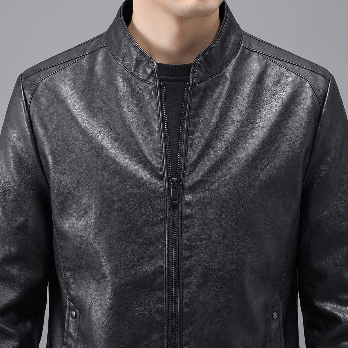 Men's black sheepskin stand collar jacket, stand collar detail