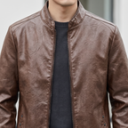 Men's brown sheepskin stand collar jacket, stand collar detail