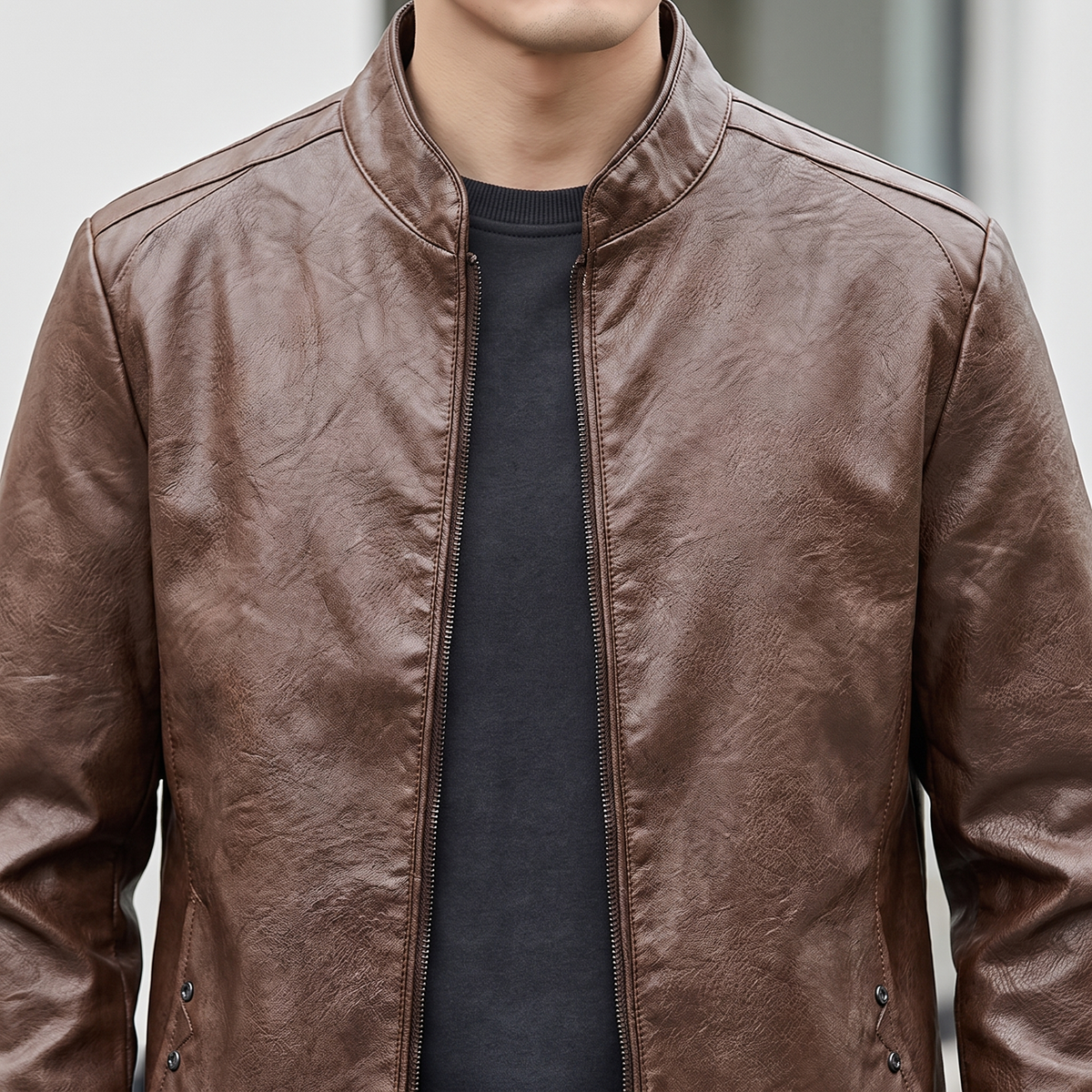 Men's brown sheepskin stand collar jacket, stand collar detail