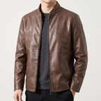 Men's brown sheepskin stand collar jacket, studio front view