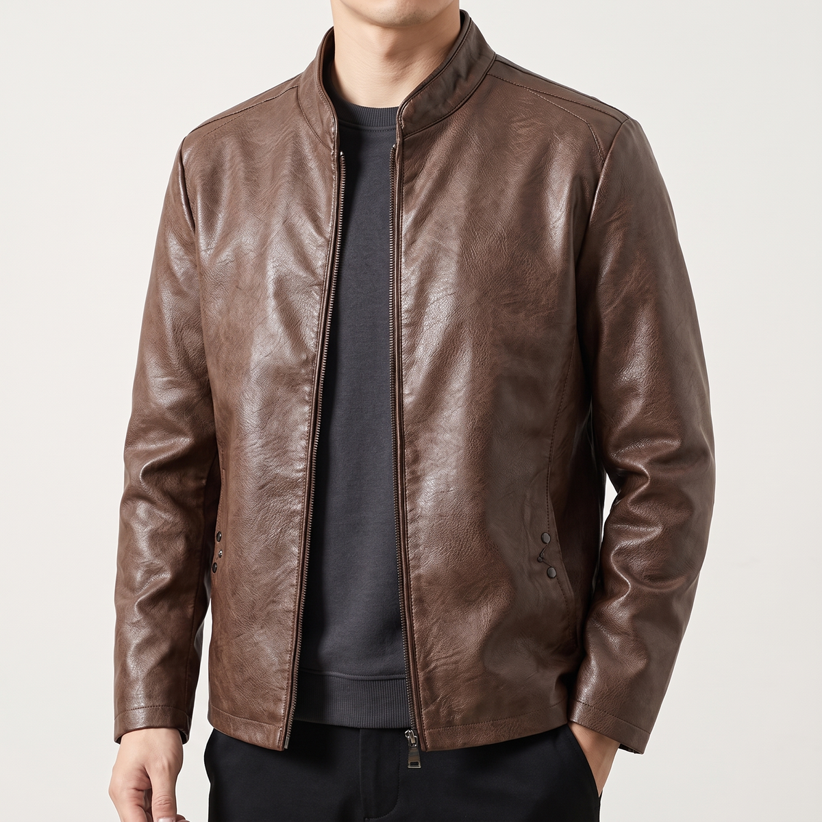 Men's brown sheepskin stand collar jacket, studio front view