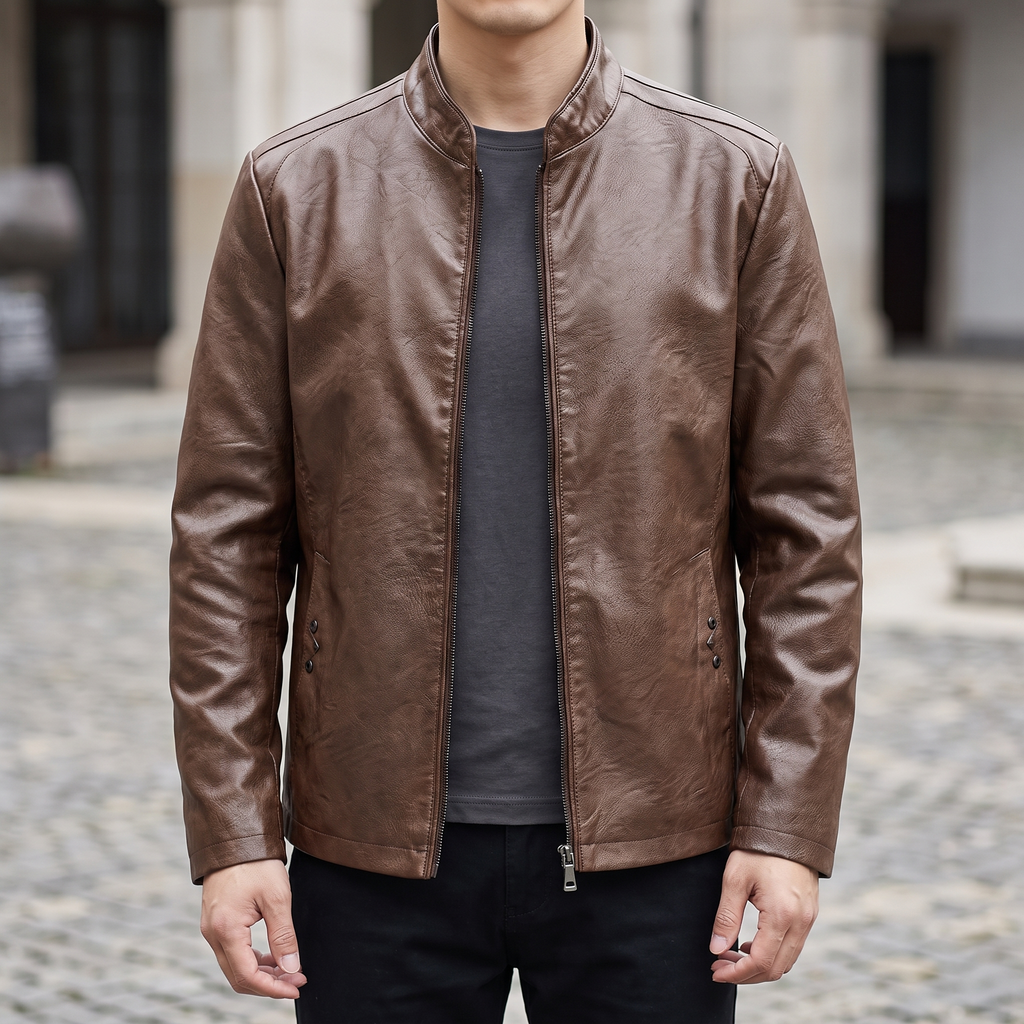 Men's brown sheepskin stand collar jacket, street lifestyle view