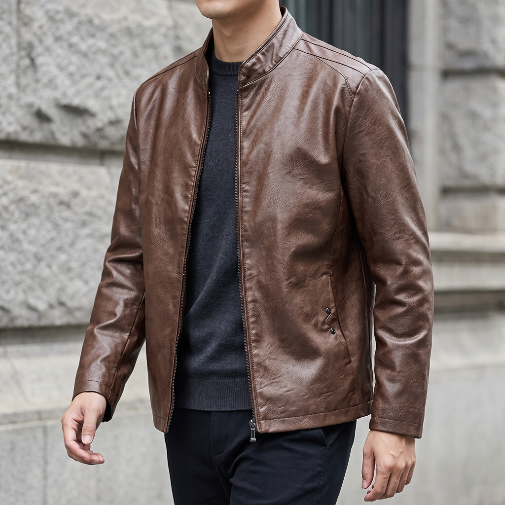 Men's brown sheepskin stand collar jacket, three-quarter lifestyle view
