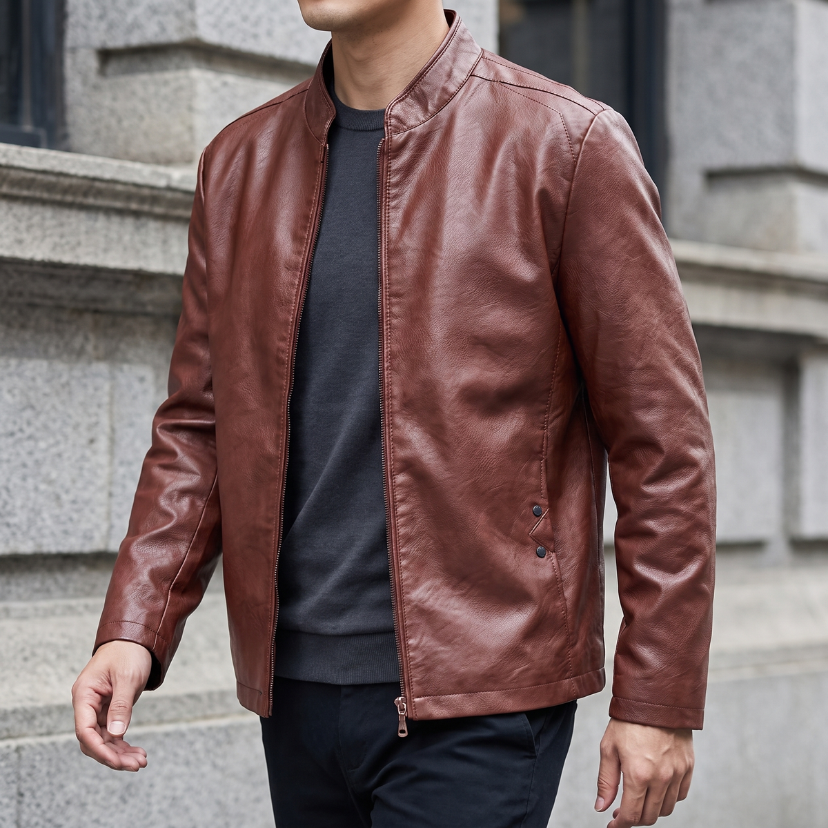 Men's rust brown sheepskin stand collar jacket, three-quarter lifestyle view