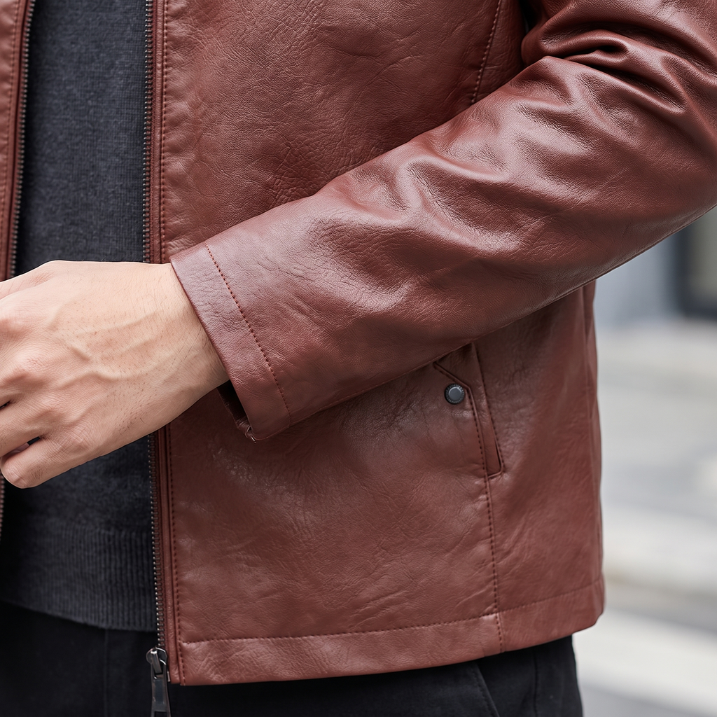 Men's rust brown sheepskin stand collar jacket, plain cuff detail