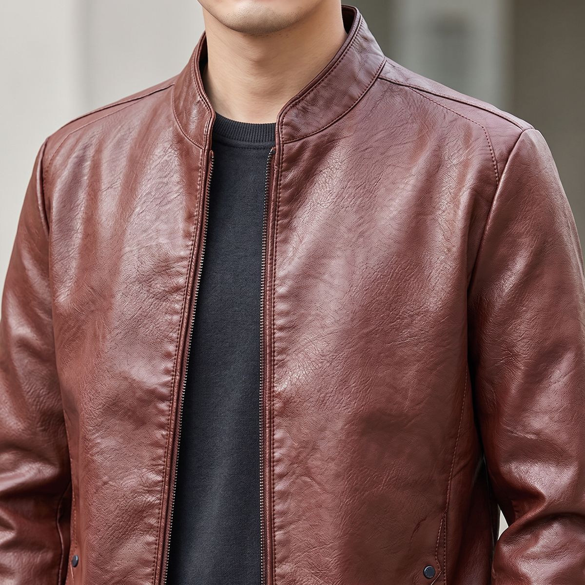 Men's rust brown sheepskin stand collar jacket, stand collar detail