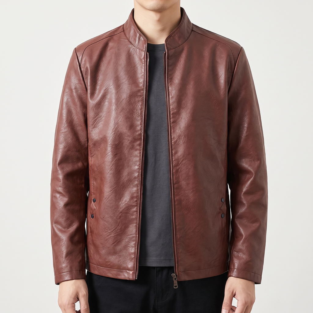 Men's rust brown sheepskin stand collar jacket, studio front view
