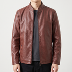 Men's rust brown sheepskin stand collar jacket, studio front view