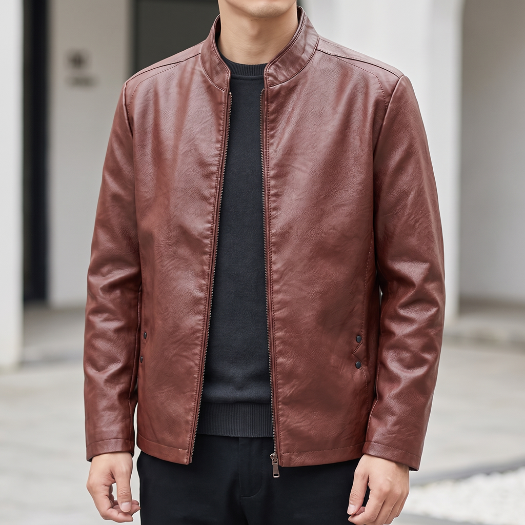 Men's rust brown sheepskin stand collar jacket, street lifestyle view