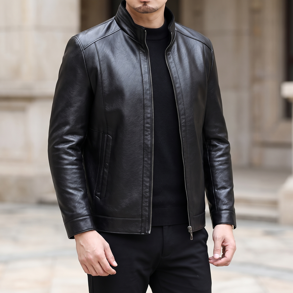 Men's black sheepskin stand collar jacket, three-quarter lifestyle view