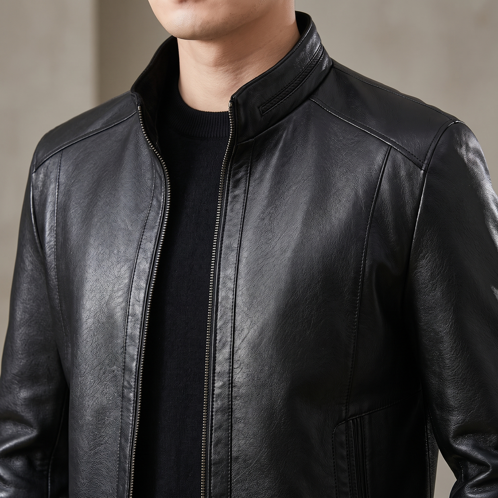 Men's black sheepskin stand collar jacket, collar detail