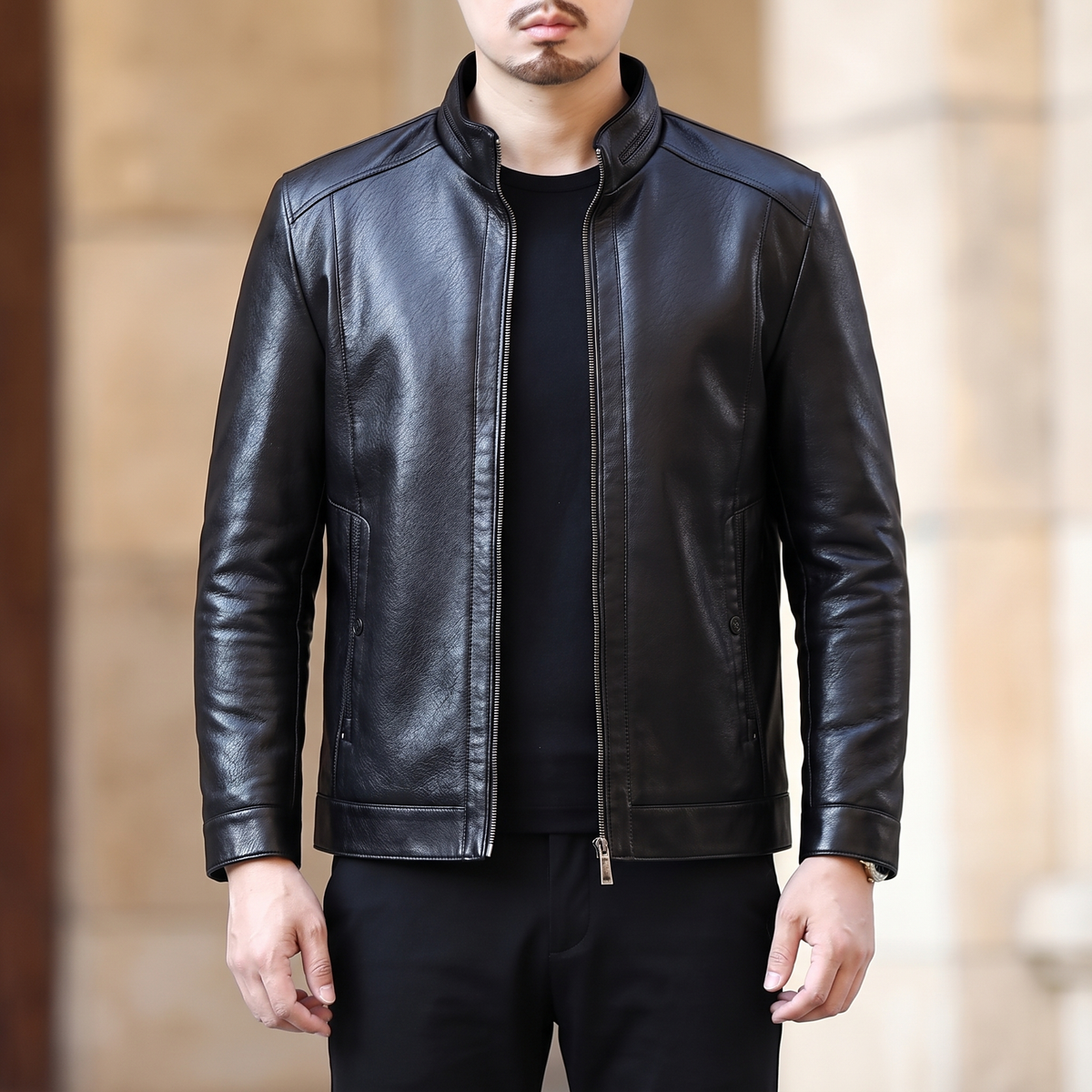 Men's black sheepskin stand collar jacket, front lifestyle view