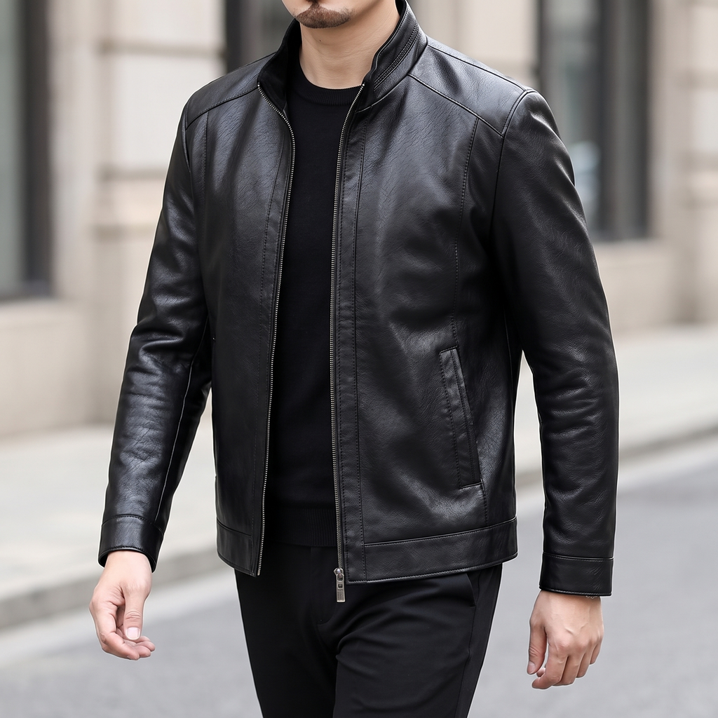Men's black sheepskin stand collar jacket, walking lifestyle view