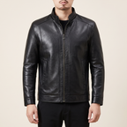 Men's black sheepskin stand collar jacket, studio front view