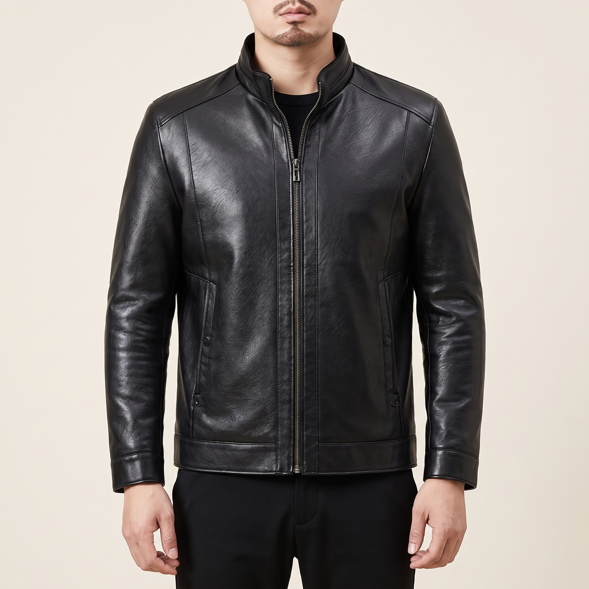 Men's black sheepskin stand collar jacket, studio front view