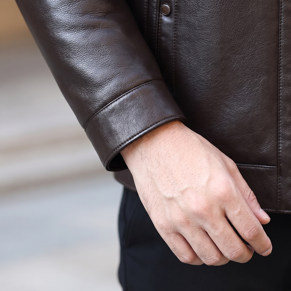 Men's brown sheepskin stand collar jacket, cuff detail