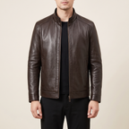 Men's brown sheepskin stand collar jacket, studio front view