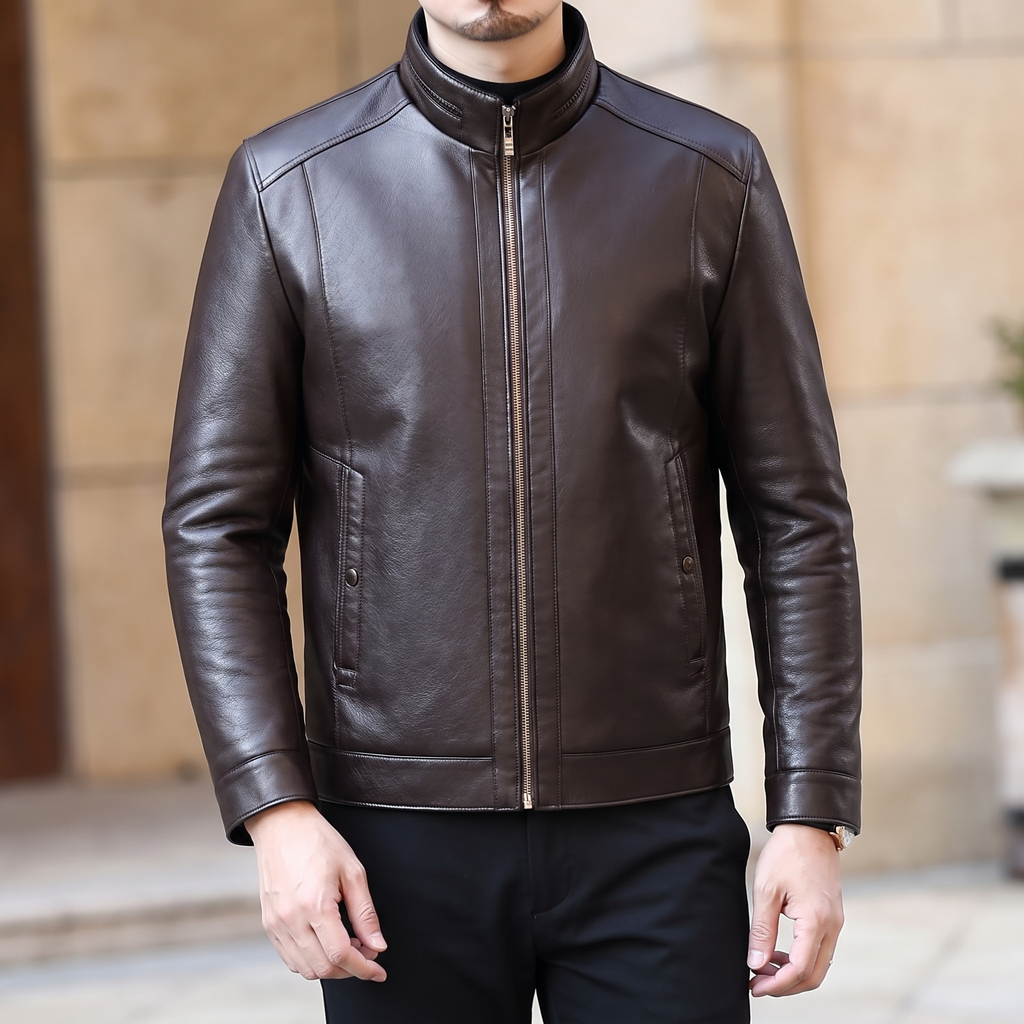 Men's brown sheepskin stand collar jacket, three-quarter lifestyle view