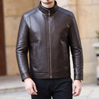 Men's brown sheepskin stand collar jacket, three-quarter lifestyle view