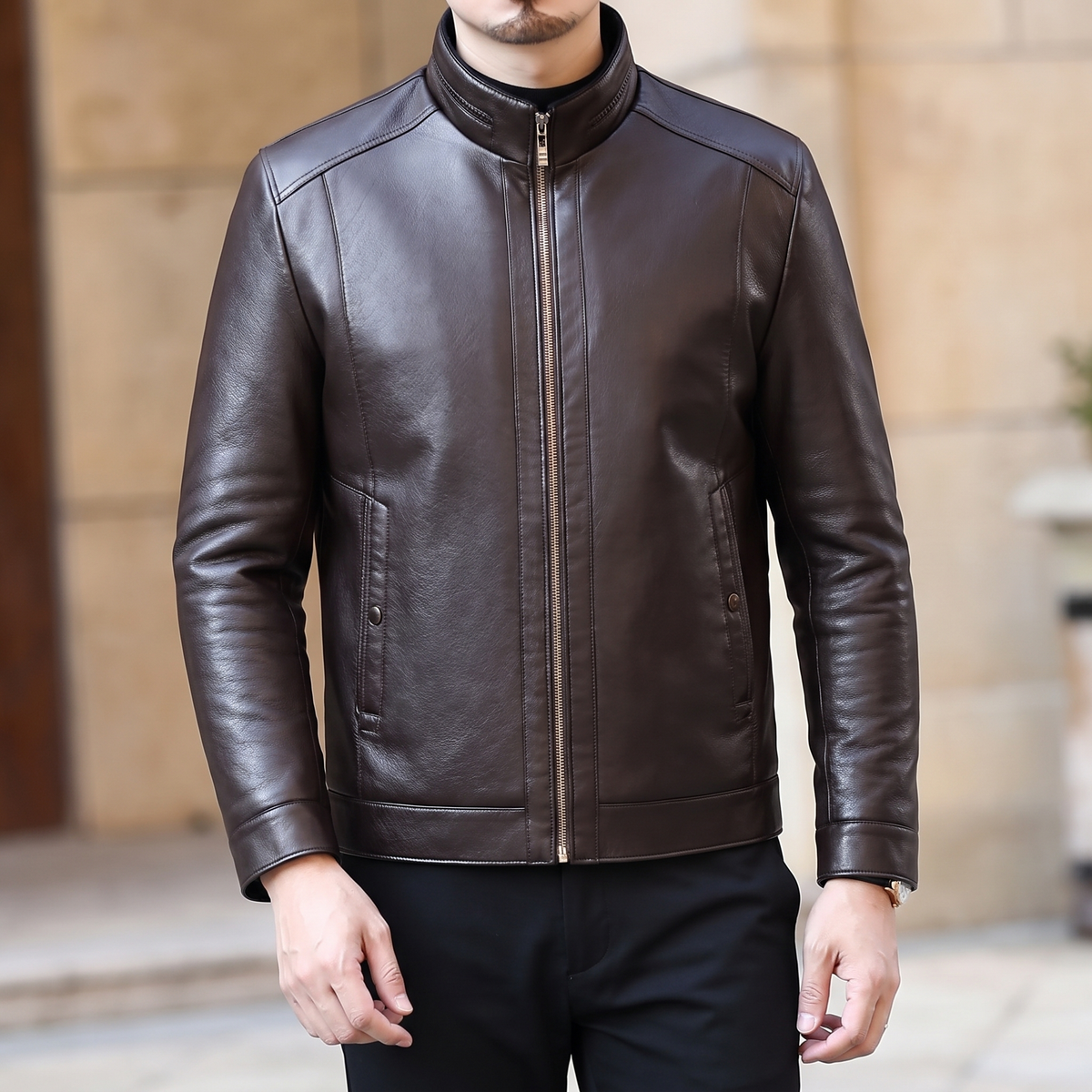 Men's brown sheepskin stand collar jacket, three-quarter lifestyle view