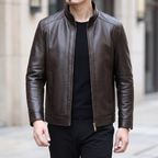 Men's brown sheepskin stand collar jacket, walking lifestyle view