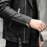Men's black sheepskin biker jacket, zipped cuff detail