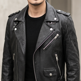 Men's black sheepskin biker jacket, lapel detail