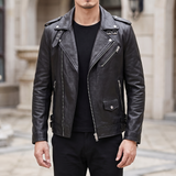 Men's black sheepskin biker jacket, three-quarter lifestyle view