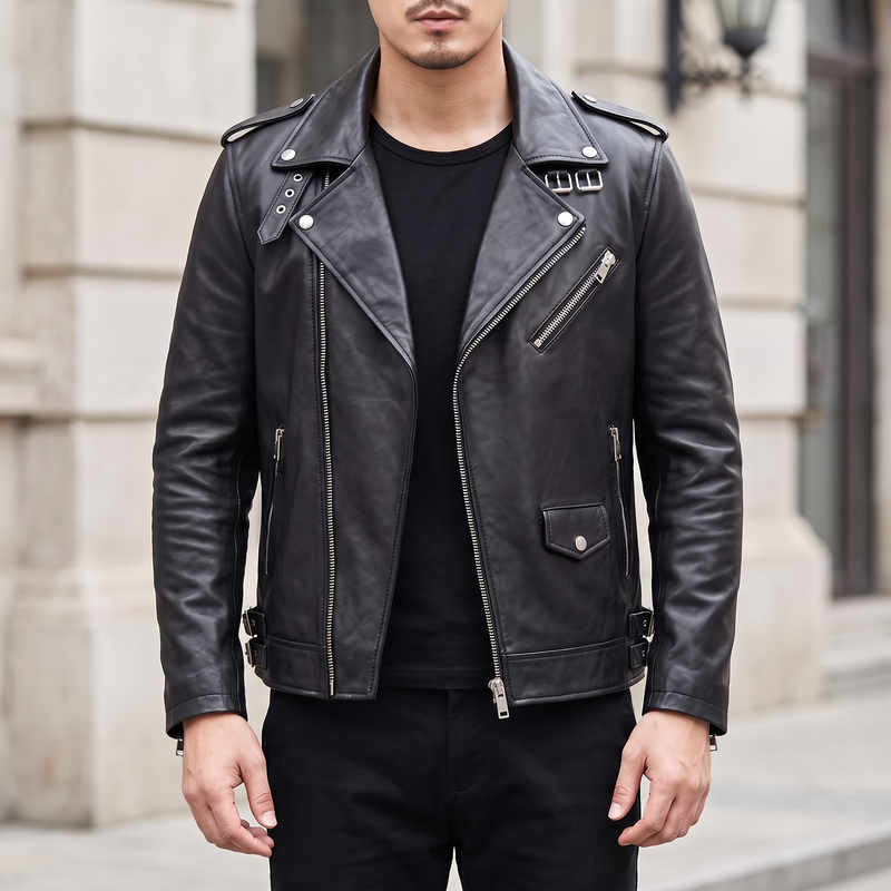 Men's black sheepskin biker jacket, front lifestyle view